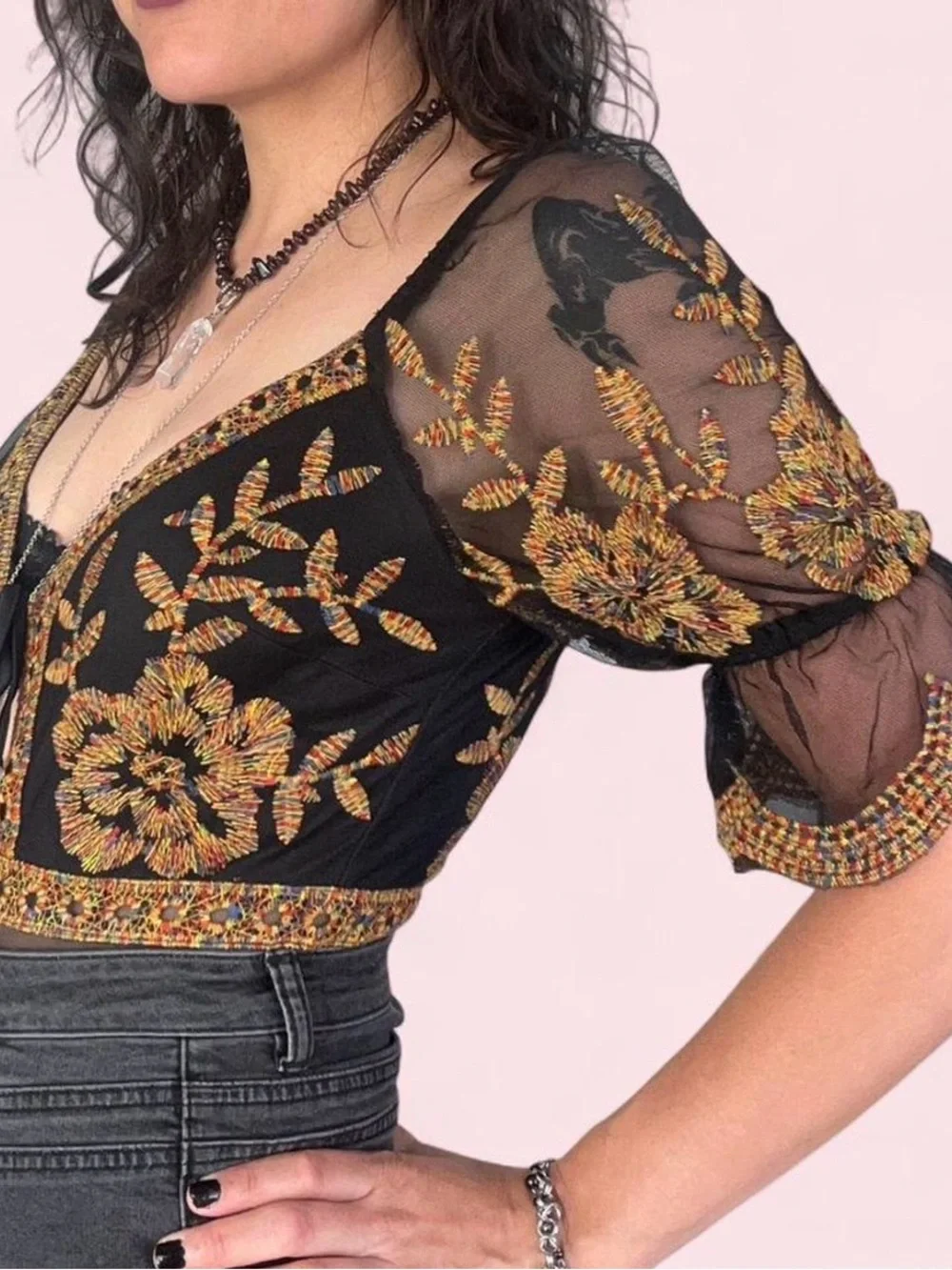 Black Sheer Embroidered Tie-Front Bodysuit with Gold Floral Detail - Picture 4 of 7